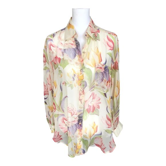 Adrienne Vittadini Elegant 100% Silk Sheer Butter Yellow Floral Summer Blouse S - Picture 4 of 11